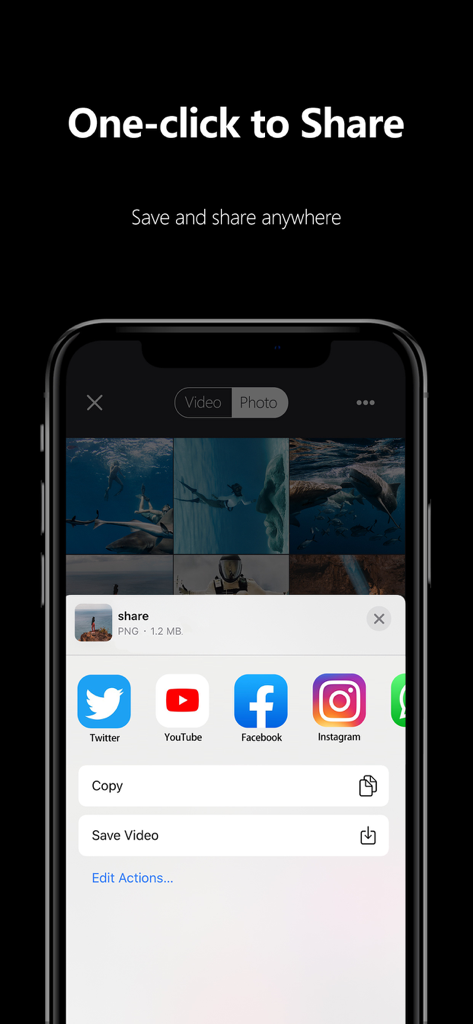 The AKASO GO app share screen showing social media integration for Instagram YouTube and Facebook