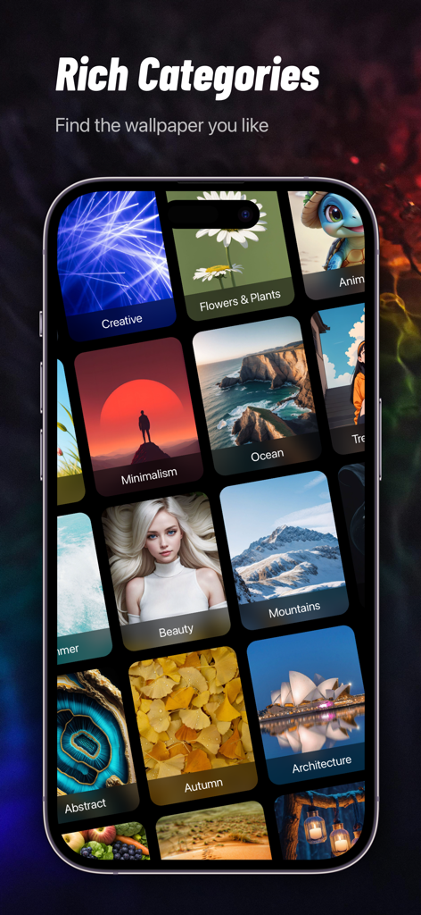 Tela de smartphone exibindo uma variedade de categorias de wallpaper, incluindo Minimalismo Oceânico e Beleza para personalização da tela inicial.
