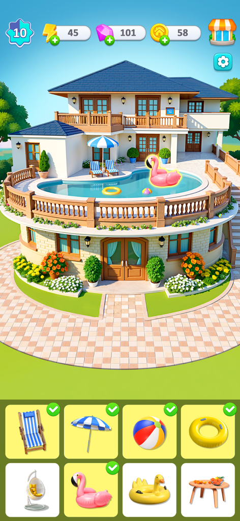 Happy Merge Estate - A luxury house with a balcony pool and various pool accessories items to merge and decorate