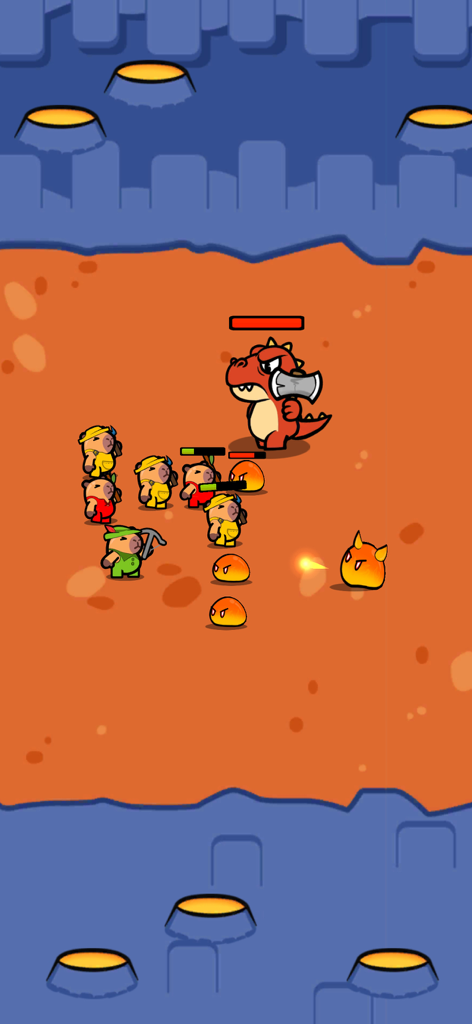CappyBara Merge Clash - Capybara warriors in colorful costumes battle a large red dragon and slime monsters on a desert battlefield.
