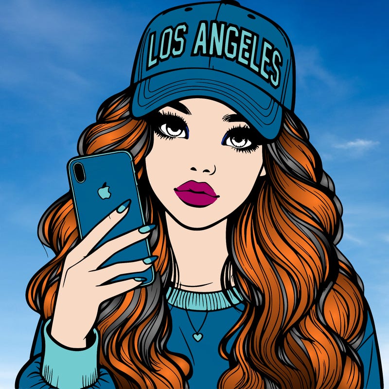 realistic beautiful girl wearing los ángeles cap holding an iphone