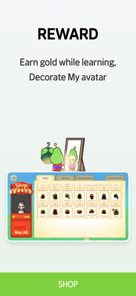 BIGBOX -  Fun English Learning - Captura de pantalla que muestra el sistema de recompensas de BIGBOX donde los niños pueden ganar oro para decorar su avatar en una tienda del juego.