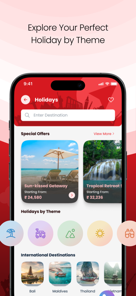 SOTC Holidays - SOTC Holidays mobile app interface showing travel packages categorized by themes like Sun-kissed Getaway and Tropical Retreat.