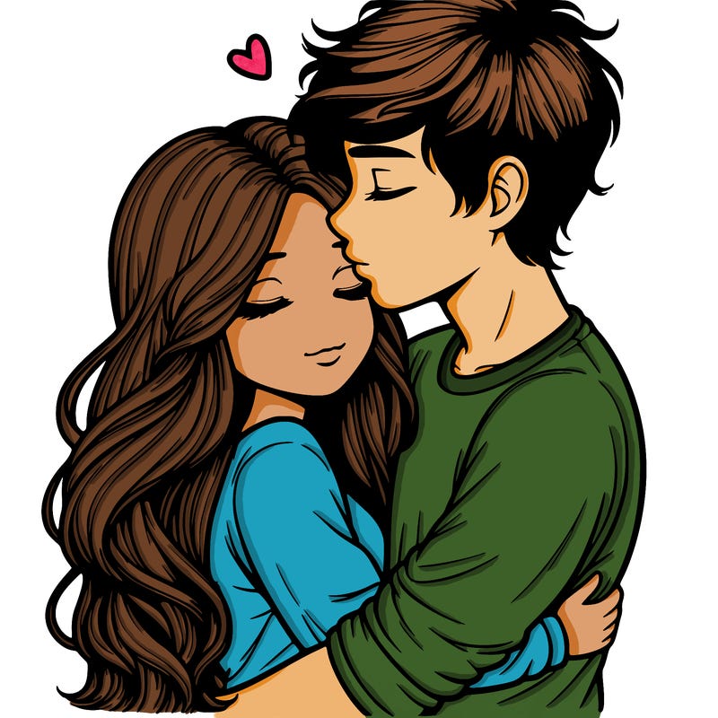a realistic couple boy and girl hugging and kissing