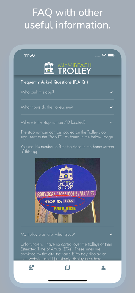 FAQ-Seite der Miami Beach Trolley Tracker App, die zeigt, wie man eine Trolley-Haltestellen-ID auf einem Straßenschild findet