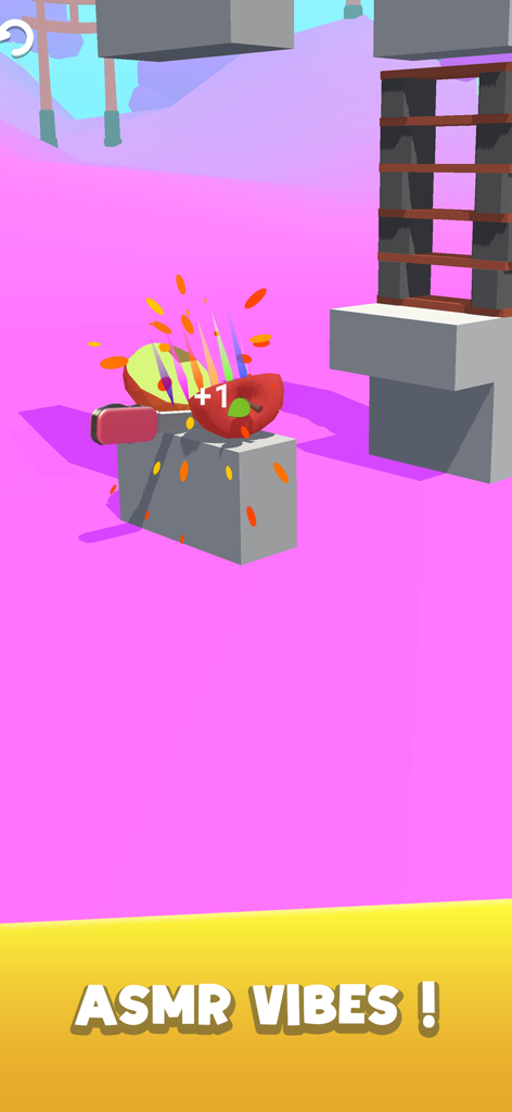 Gameplay screenshot of Slice It All showing a knife slicing an apple with ASMR vibes text