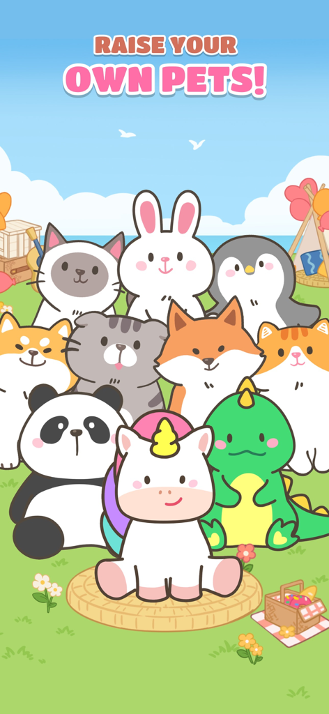 Pet Pal Paw - A collection of cute cartoon pets including a cat panda and unicorn in a park setting with the text Raise your own pets