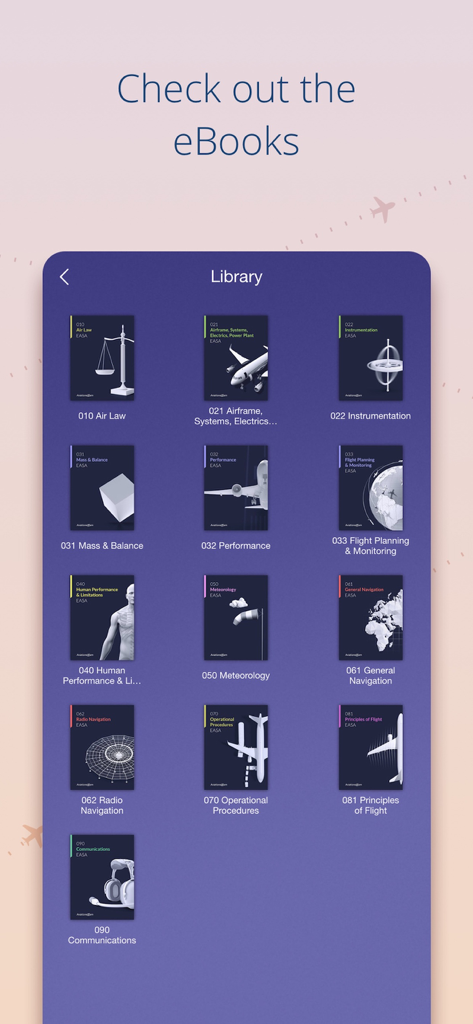 Aviation Exam - EASA - A digital library within the app showing various EASA aviation study ebooks for subjects like air law and meteorology
