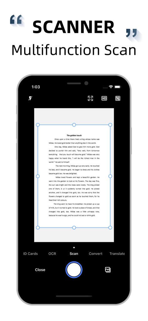 A smartphone interface showing a document being scanned with automatic edge detection and multifunction features