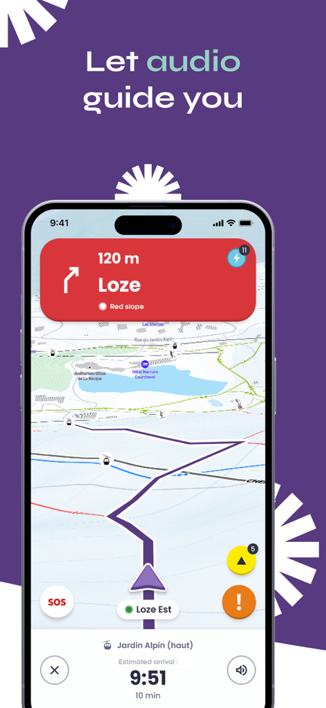 Smartphone screen displaying the Skiif app with a 3D ski map and audio navigation guide interface