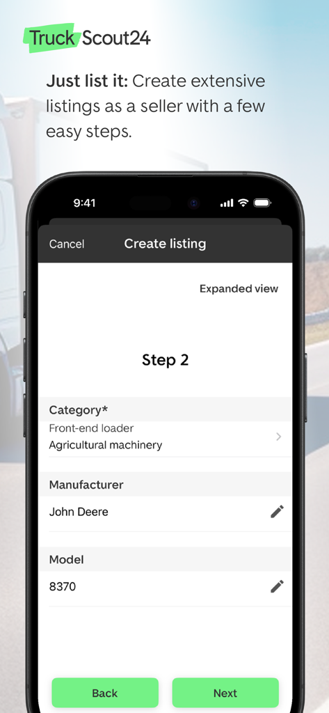 TruckScout24 - Interfaccia dell'app TruckScout24 che mostra il secondo passaggio della creazione di un annuncio di veicolo commerciale per macchinari agricoli