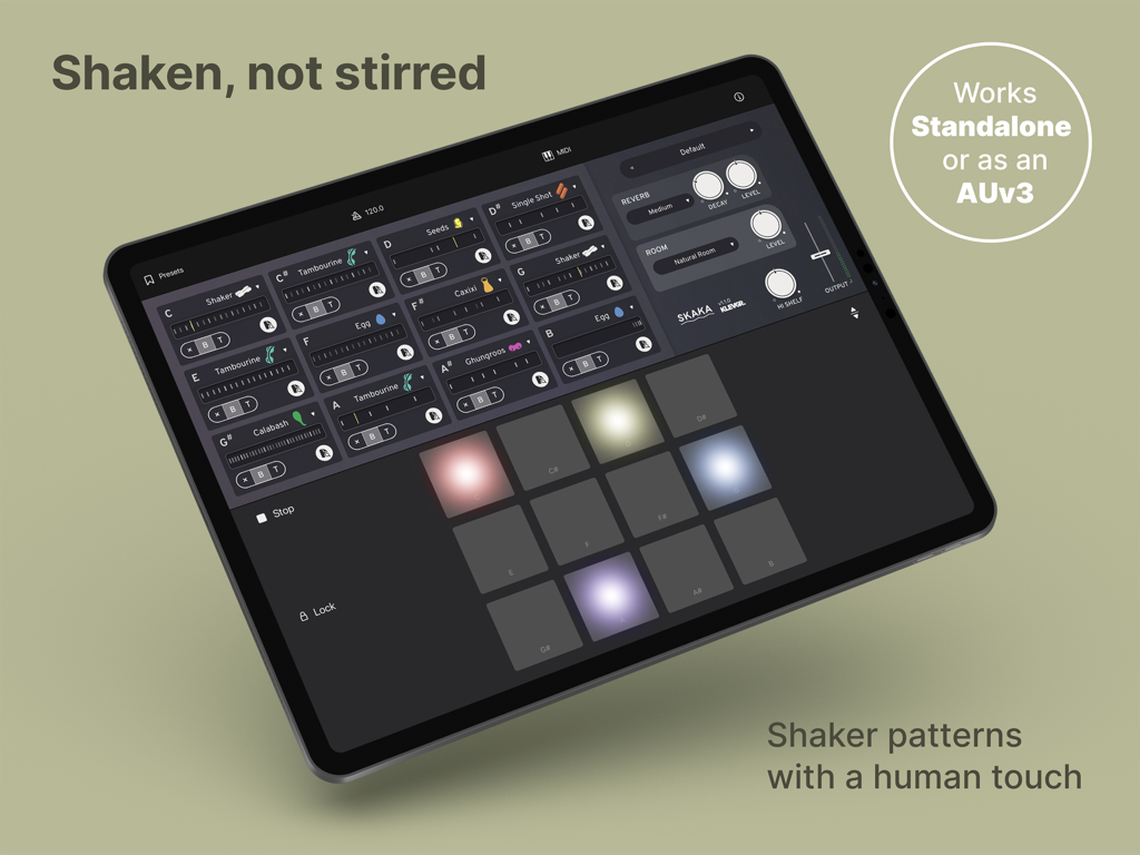 Skaka - Shaken Percussion - Skaka shaken percussion app interface on iPad showing sequencers and pads.