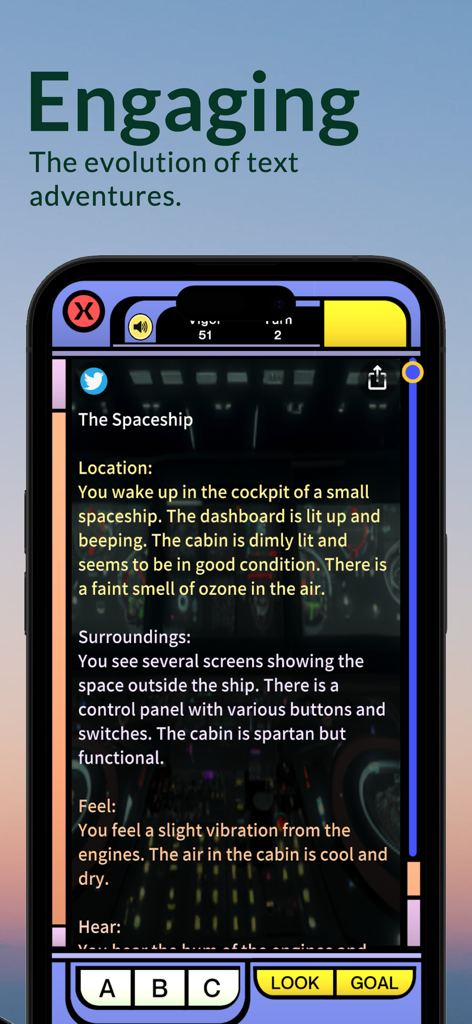 AI Adventure - Your Story RPG - Mobile Gameplay von AI Adventure, das eine Science-Fiction-Geschichte mit Textbasis und interaktiven Optionen zeigt.