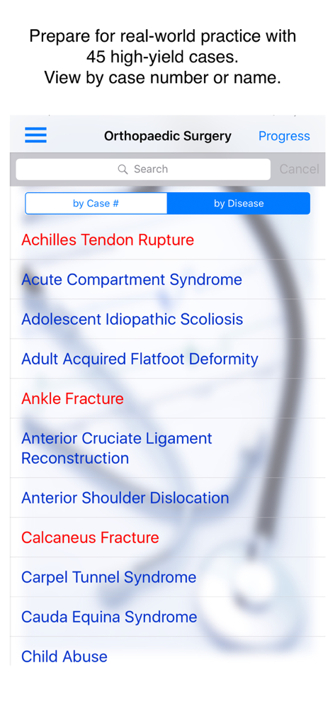 A list of clinical cases in the Case Files Orthopedic Surgery mobile app menu