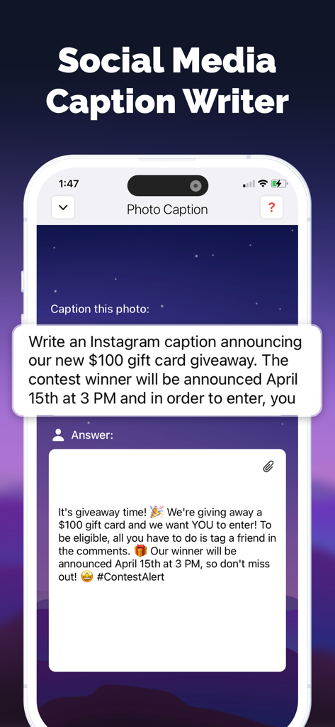 Social Media Caption Writer interface in KnowIt AI app