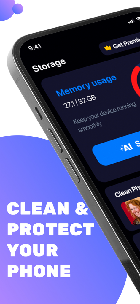 ABC AI Security Cleaner - Interfaz de la aplicación ABC AI Security Cleaner que muestra el uso del almacenamiento del teléfono y el texto Limpia y Protege tu Teléfono