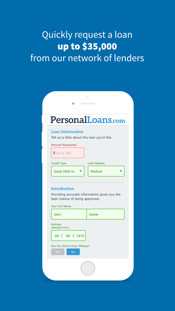 Uma interface de aplicativo móvel do PersonalLoans.com exibindo um formulário de solicitação de empréstimo pessoal de até trinta e cinco mil dólares.