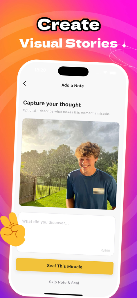 Rove - Capture Joy - Tela de smartphone mostrando a interface do aplicativo Rove para adicionar uma foto e uma nota pessoal a um diário de atenção plena.