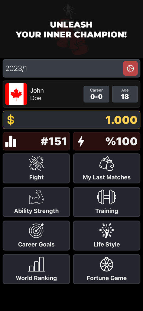 Superstar: Real Boxing Manager - Main menu of the Superstar Real Boxing Manager app showing boxer stats and game modes