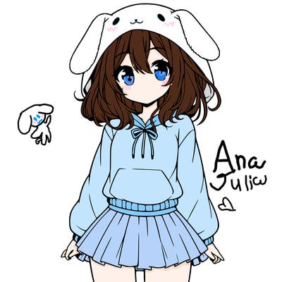 pretty anime girl wearing a fluffy hoodie with bunny ears on the hood and a skirt