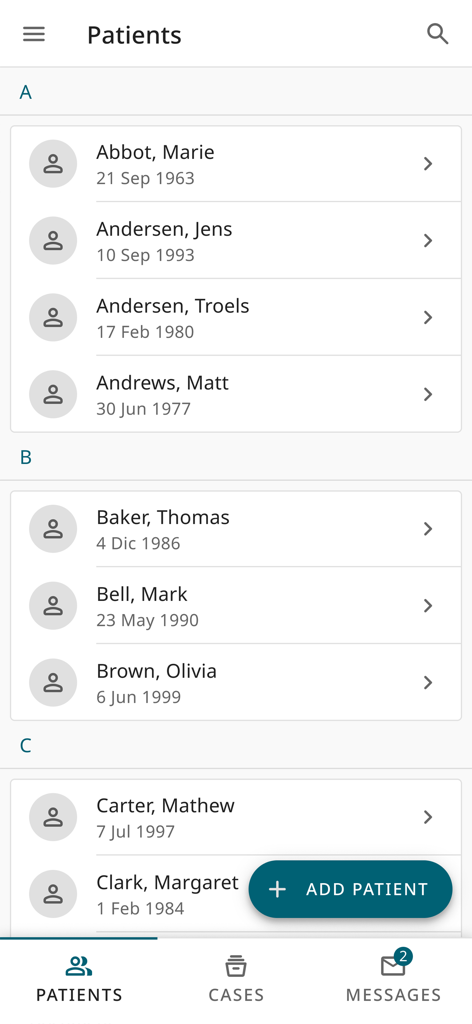 3Shape Unite Cloud - A digital patient management interface showing a list of dental patients sorted alphabetically in the 3Shape Unite Cloud app