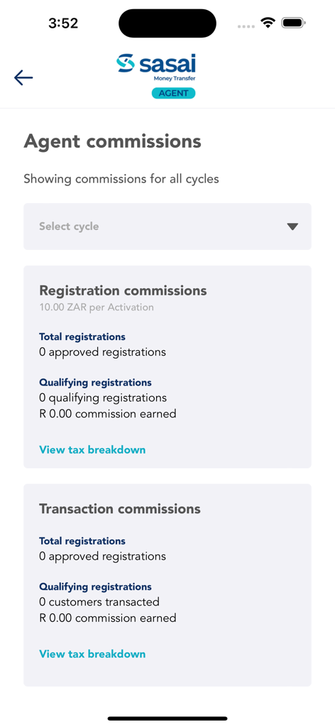 Sasai Money Transfer Agent App - Sasai Money Transfer Agent App dashboard displaying registration and transaction commissions