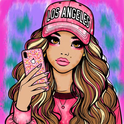 realistic beautiful girl wearing los ángeles cap holding an iphone
