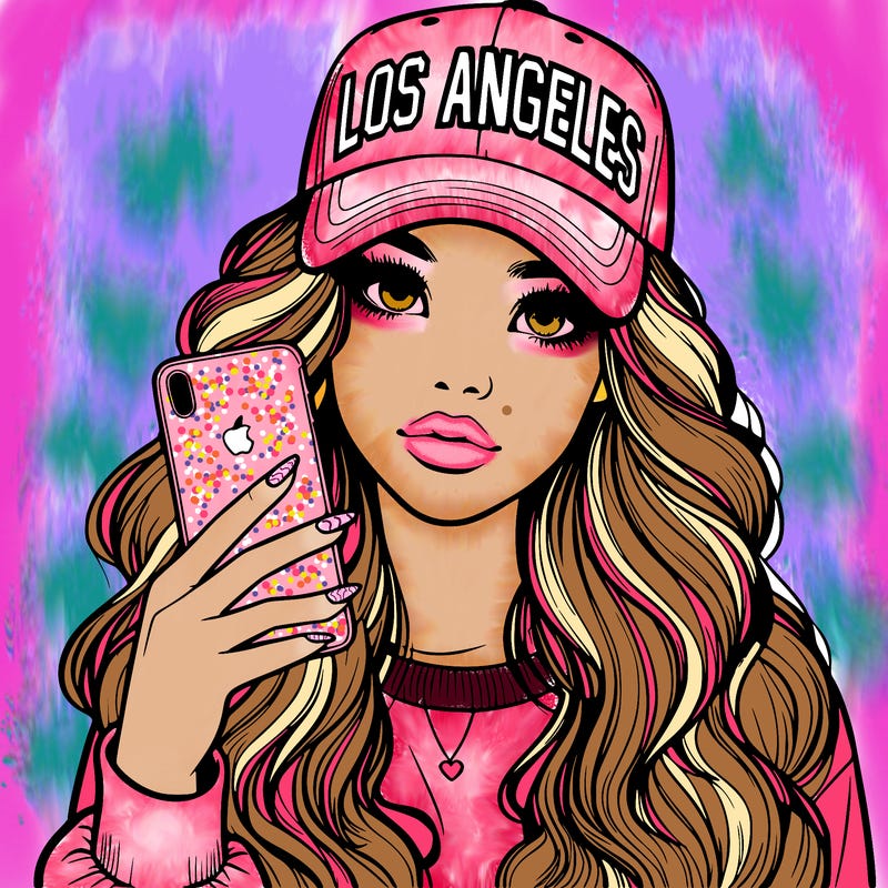 realistic beautiful girl wearing los ángeles cap holding an iphone