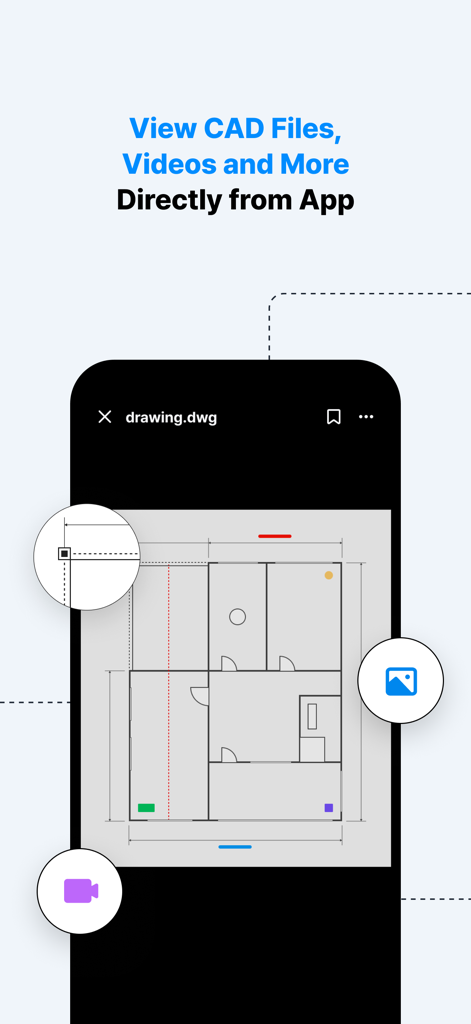Interface do aplicativo LINE WORKS Drive mostrando um projeto de desenho CAD em uma tela de smartphone