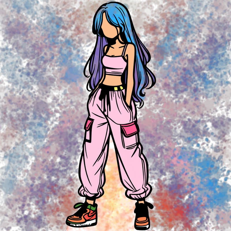 girl in baggy pants crop top and long hair