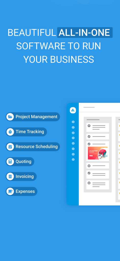 Avaza all-in-one business software interface highlighting project management time tracking and invoicing features