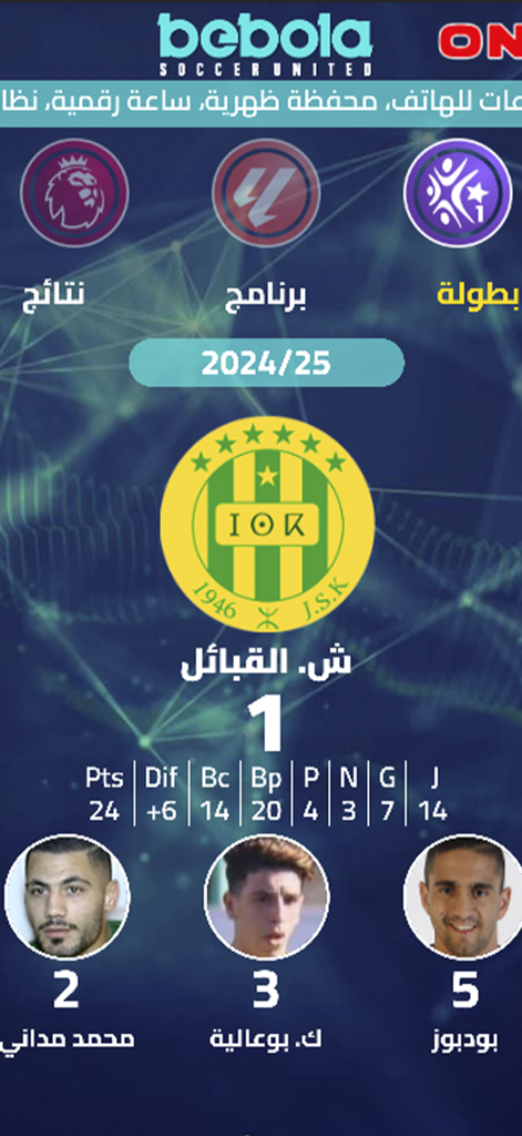 Bebola - A screenshot of the Bebola app showing Algerian soccer team JS Kabylie statistics and player profiles for the 2024/25 season.