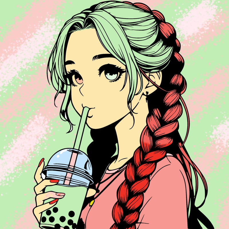 realistic girl with braided hair drinking boba