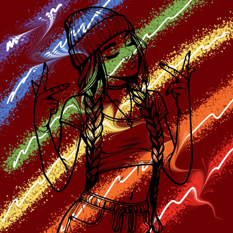 realistic teenage girl with braids and a beanie and crop top doing 🫶🏼