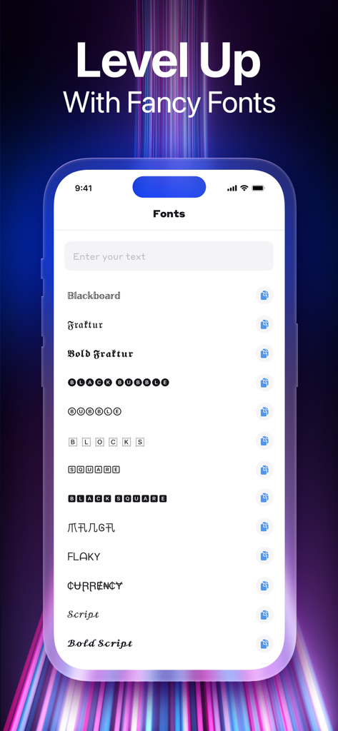ソーシャルメディア投稿用の黒板やバブルなどの装飾フォントスタイルのリストを表示するモバイルインターフェイス。