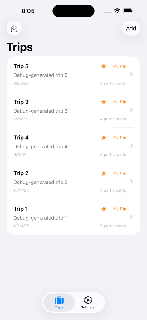 DivvyTrip - A dashboard view showing a list of organized group trips in the DivvyTrip app