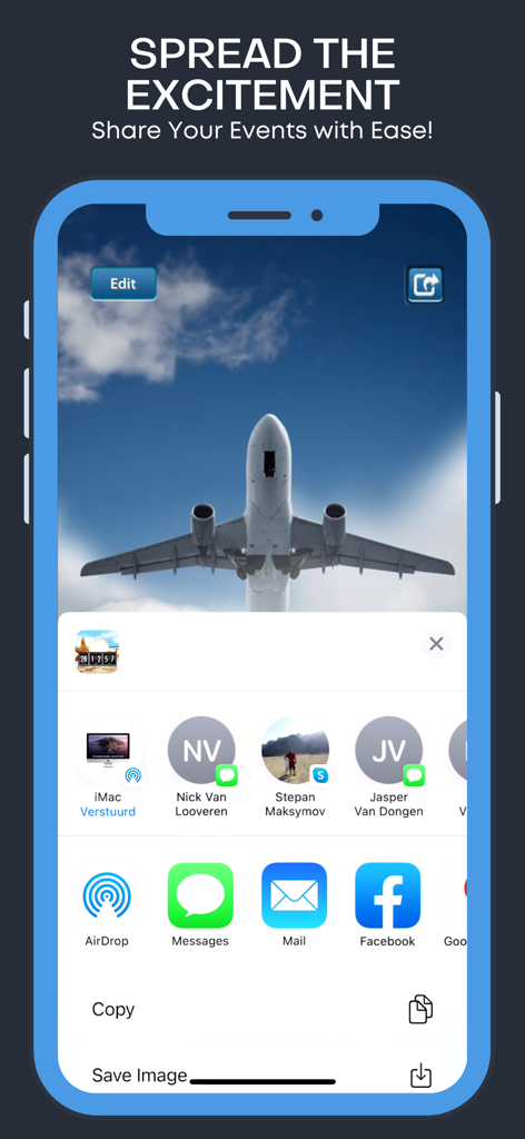 Holiday and Vacation Countdown - Interface of the Holiday and Vacation Countdown app showing the social sharing options over an airplane background image