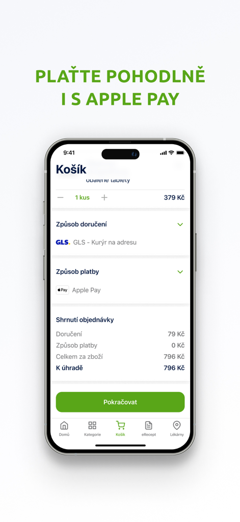 Pantalla de pago de la aplicación BENU Farmacia que muestra el carrito de la compra y la opción de Apple Pay.