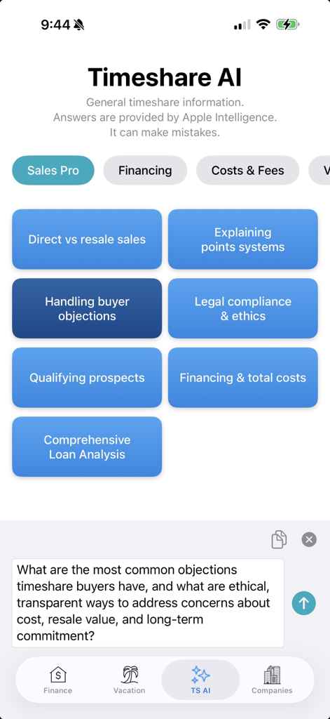 Timeshare Calculators with AI - Timeshare AI interface with sales professional categories and a question about buyer objections