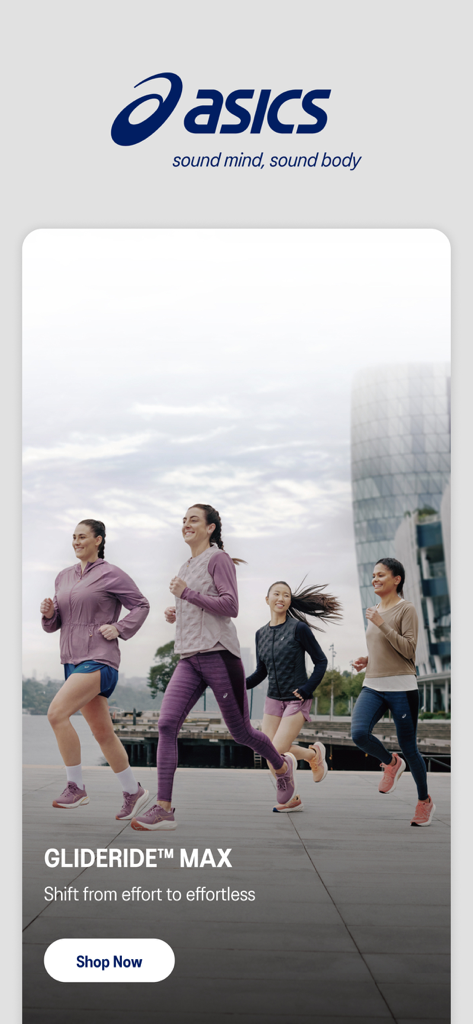 ASICS - Quatro mulheres correndo ao ar livre usando roupas de performance ASICS e tênis Glideride Max.