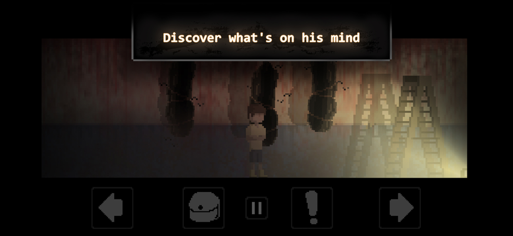 Psicosis - Pixel art gameplay scene from the psychological horror game Psicosis showing character William in a dark room.