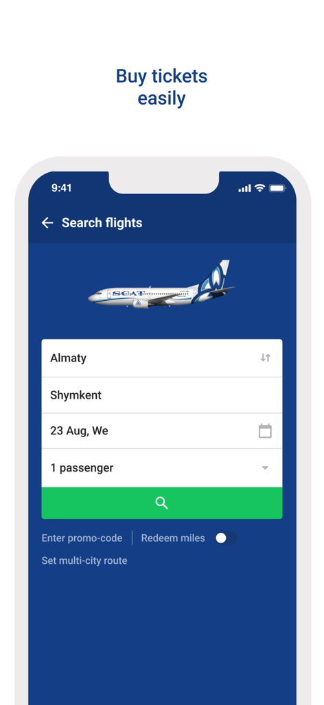 SCAT航空アプリのフライト検索画面。出発地と目的地を選択するフィールドが表示されています。