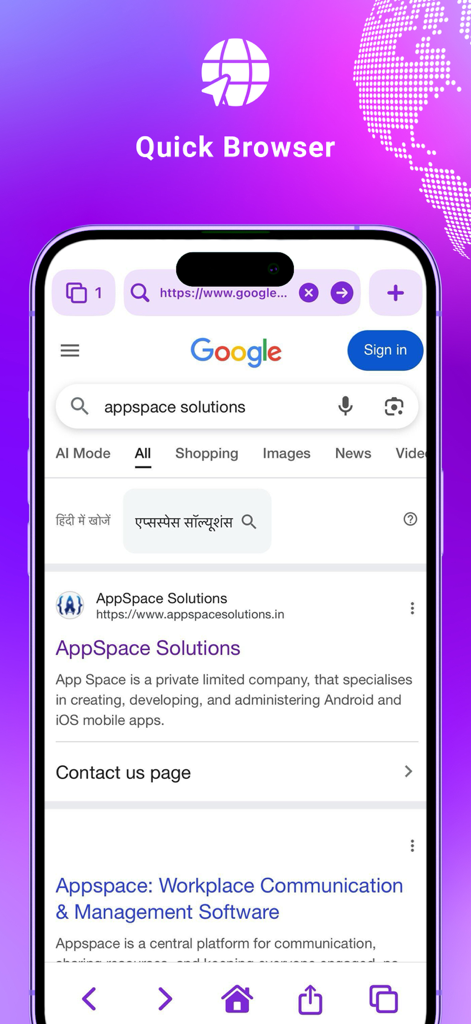Pronto VPN – Secure, Fast VPN - Interface do navegador rápido do aplicativo Pronto VPN mostrando uma página de mecanismo de busca móvel em um iPhone