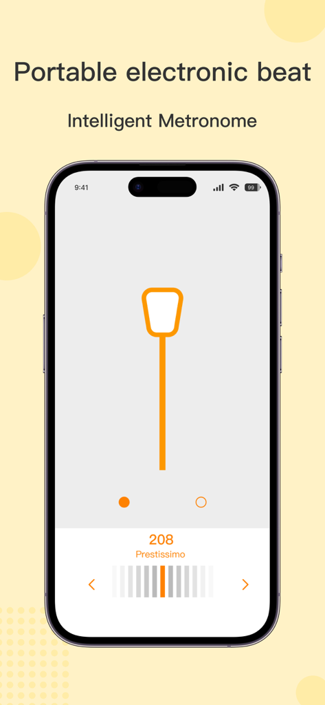 iMetronome - Tap Beat & Tempo - iMetronome app interface showing a 208 BPM Prestissimo tempo on an iPhone.