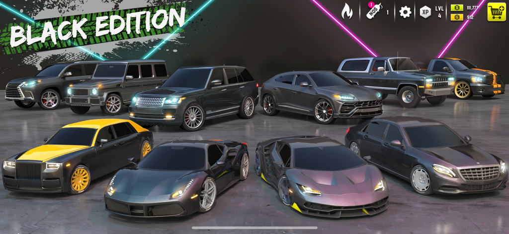 A collection of luxury sports cars and SUVs in a Black Edition garage showcase