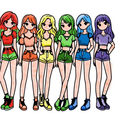 a group of girls wearing crop tops and shorts