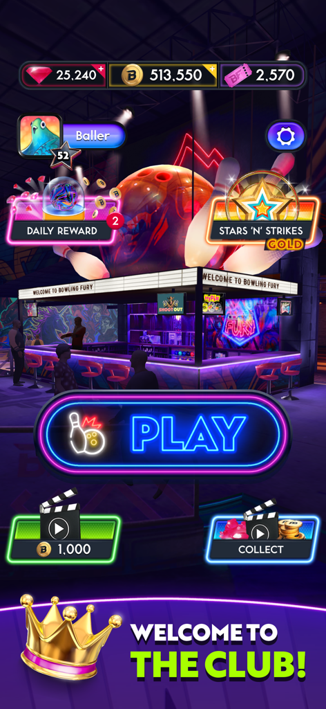 Bowling Fury: Ten Pin King - Menú principal del juego móvil Bowling Fury Ten Pin King con botón de juego de neón y recompensas diarias en una vibrante bolera