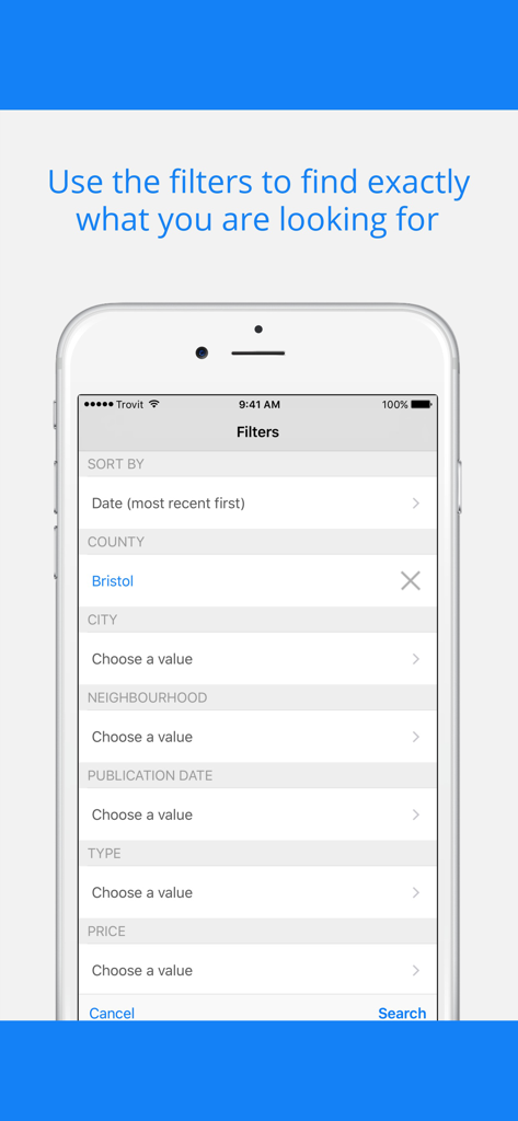 Filtri di ricerca dell'app Trovit Homes per gli annunci immobiliari