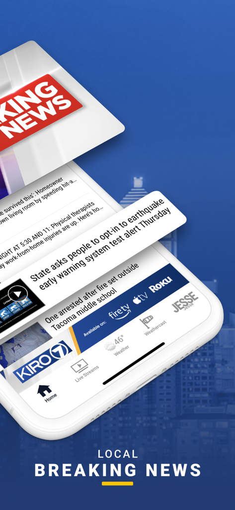 KIRO 7 News App- Seattle Area - KIRO 7 News mobile app interface displaying local breaking news alerts for Seattle and Western Washington