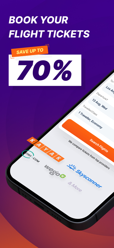 Cheap Flights・Flights70 - Mobile app screenshot for Flights70 showing a flight booking search interface with a 70 percent savings offer and logos from top travel providers like Kayak and Skyscanner